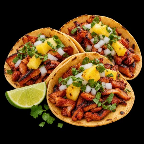 Tacos servidos junto a un celular con el menú digital