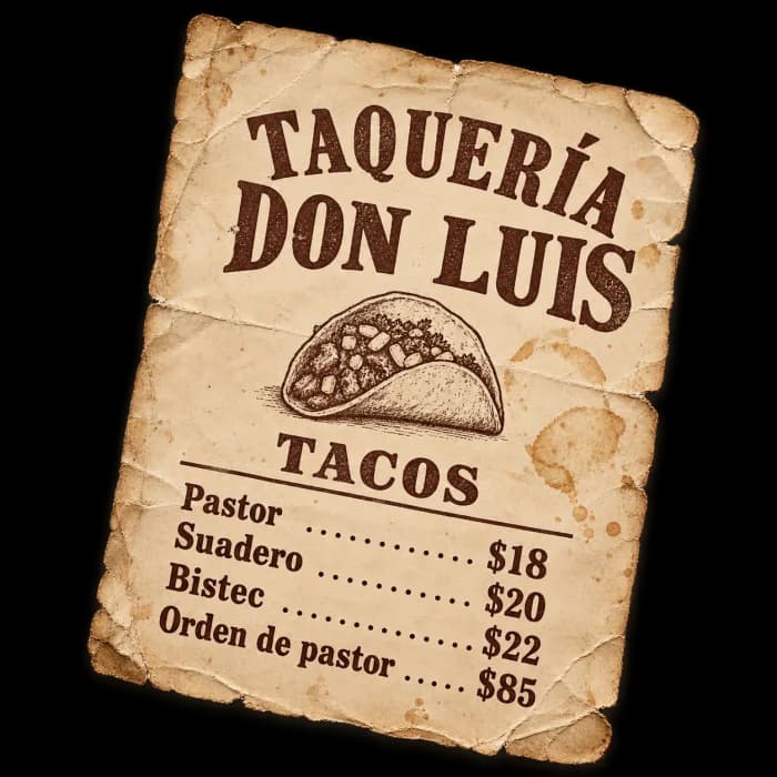 Menú de papel arrugado de la Taquería Don Luis con precios