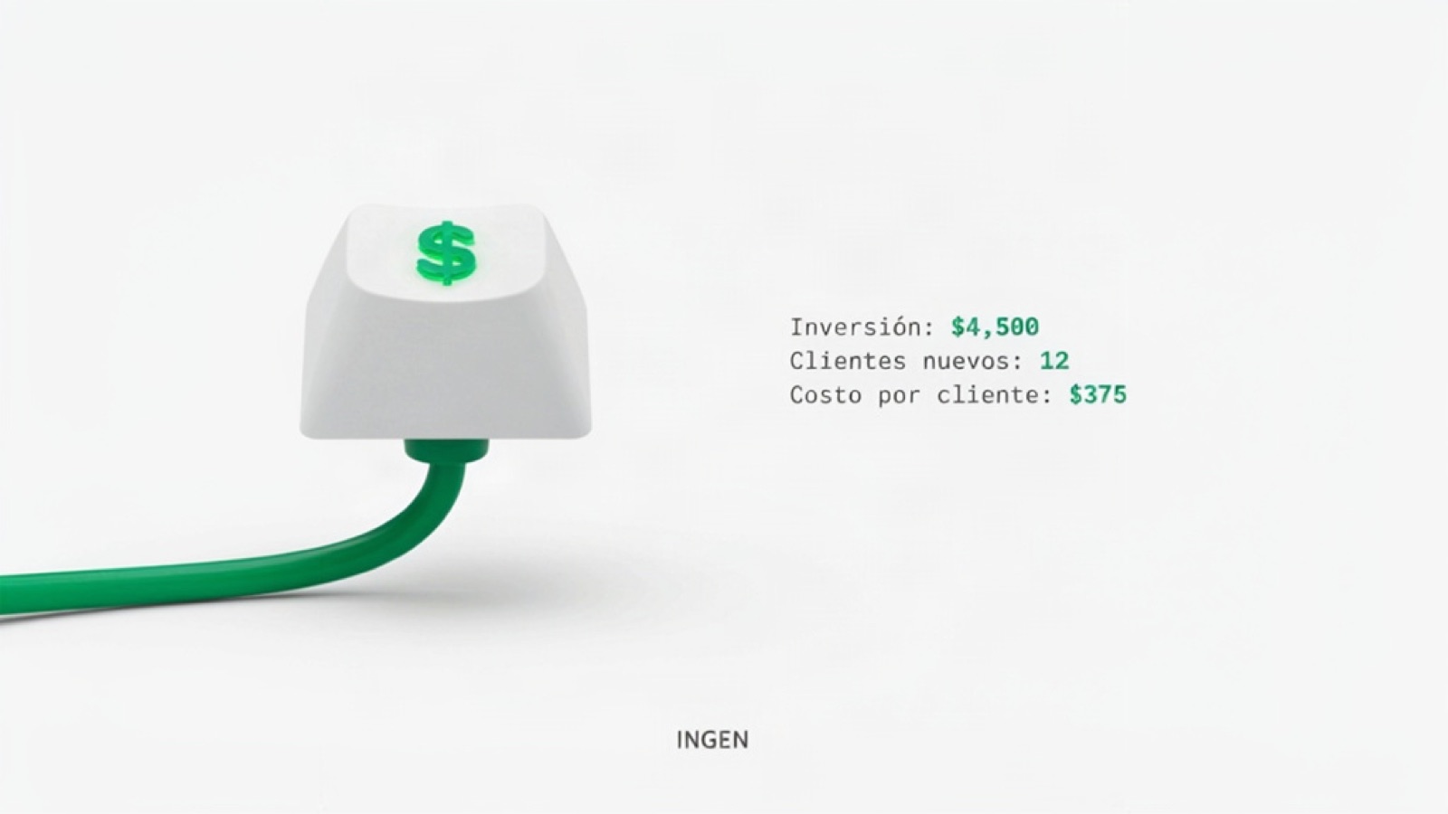 Tecla blanca con símbolo de peso, conectada por un cable verde, junto a tres cifras: inversión, clientes nuevos y costo por cliente