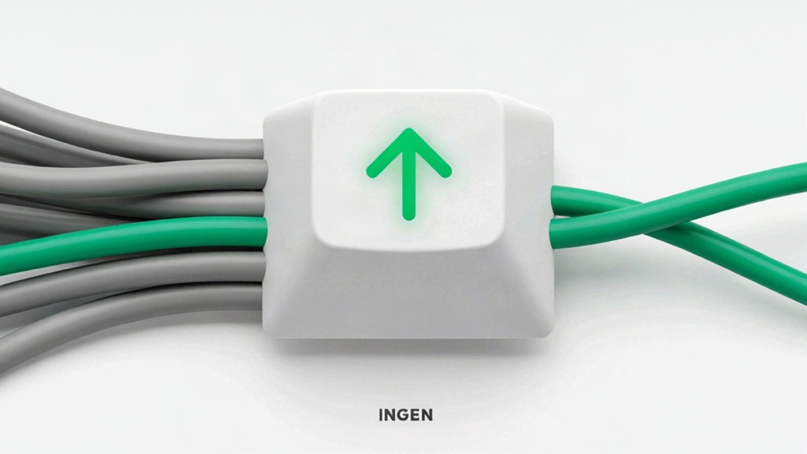 Cinco cables llegan a una tecla: cuatro grises apagados y uno verde encendido, que continúa del otro lado