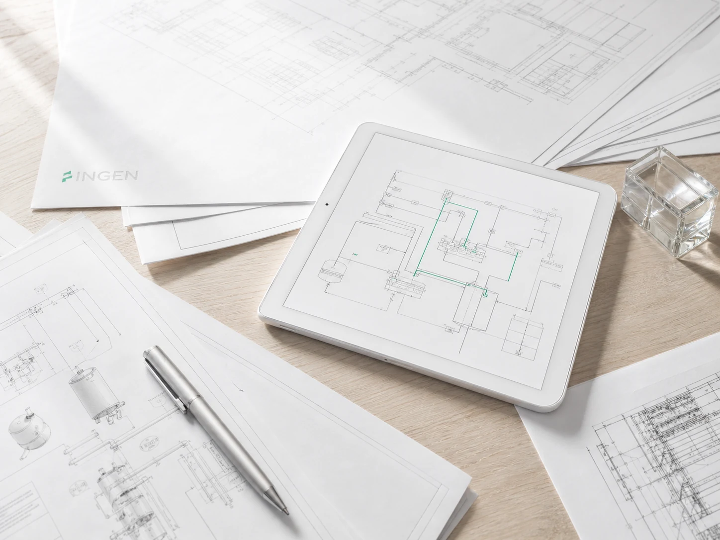 Planos de trabajo y diagrama de un sistema sobre un escritorio, con papelería de INGEN